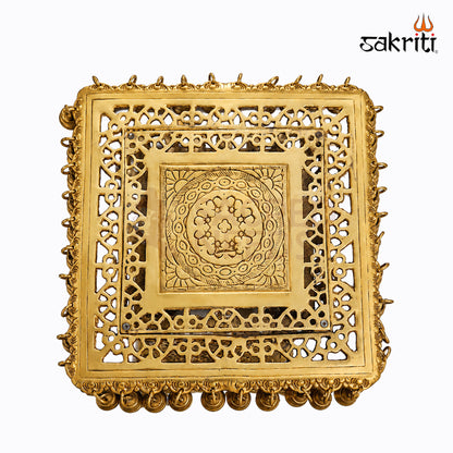 Sacred Needs Brass Table with Bell – 20 Inch (50.8 cm) Height | Traditional Brass Hanging Bell Stand for Temple, Pooja Room & Spiritual Décor