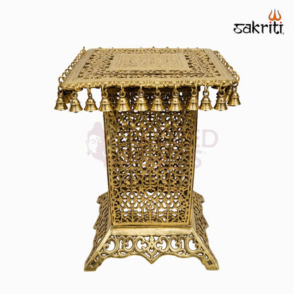 Sacred Needs Brass Table with Bell – 20 Inch (50.8 cm) Height | Traditional Brass Hanging Bell Stand for Temple, Pooja Room & Spiritual Décor
