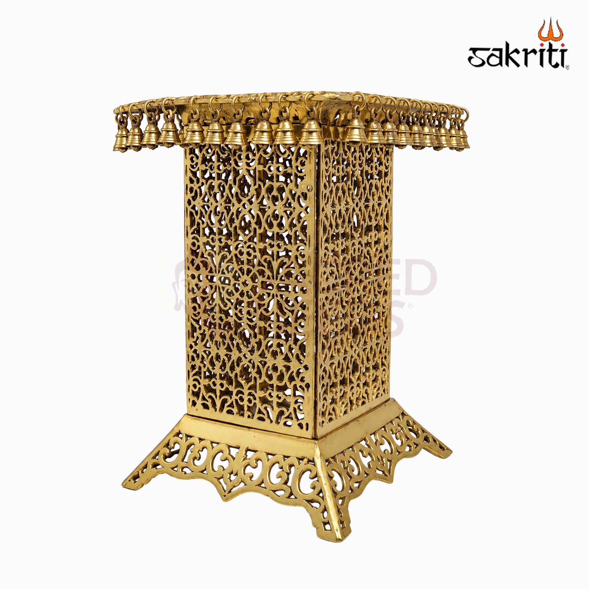 Sacred Needs Brass Table with Bell – 20 Inch (50.8 cm) Height | Traditional Brass Hanging Bell Stand for Temple, Pooja Room & Spiritual Décor