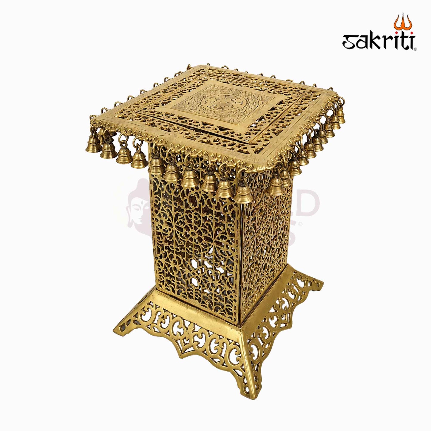 Sacred Needs Brass Table with Bell – 20 Inch (50.8 cm) Height | Traditional Brass Hanging Bell Stand for Temple, Pooja Room & Spiritual Décor