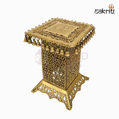 Sacred Needs Brass Table with Bell – 20 Inch (50.8 cm) Height | Traditional Brass Hanging Bell Stand for Temple, Pooja Room & Spiritual Décor