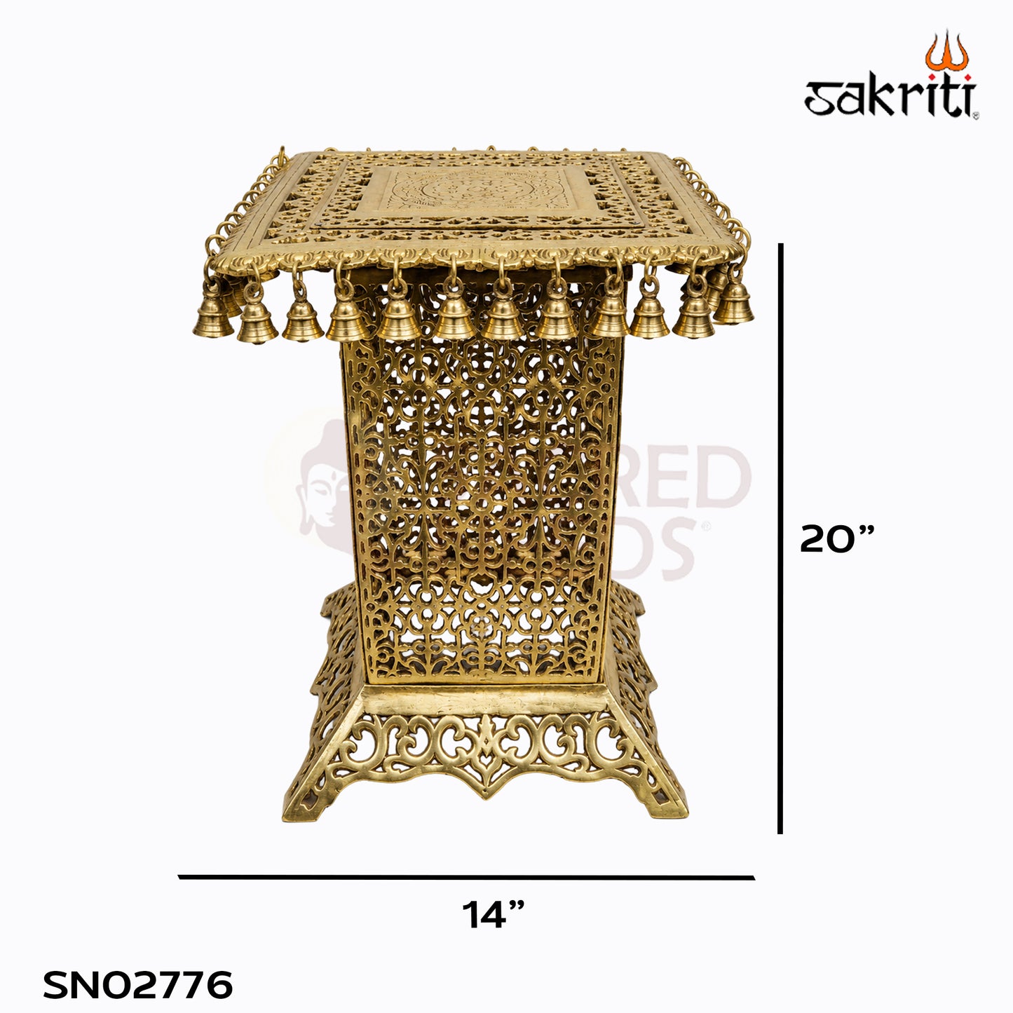 Sacred Needs Brass Table with Bell – 20 Inch (50.8 cm) Height | Traditional Brass Hanging Bell Stand for Temple, Pooja Room & Spiritual Décor