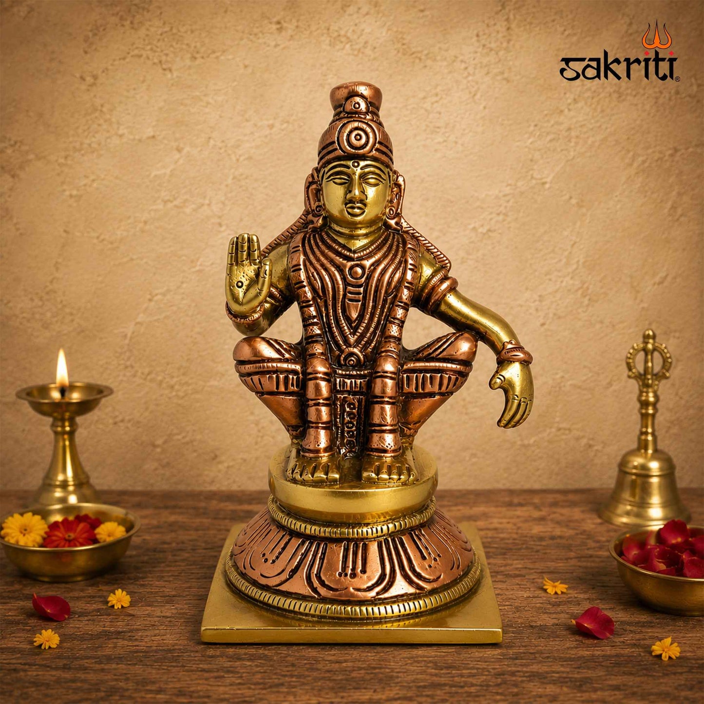 Sacred Needs Brass Lord Ayyappa Idol – 4.9 Inch (12.4 cm) Height | Traditional Ayyappa Swamy Statue for Pooja Room, Temple & Spiritual Home Décor