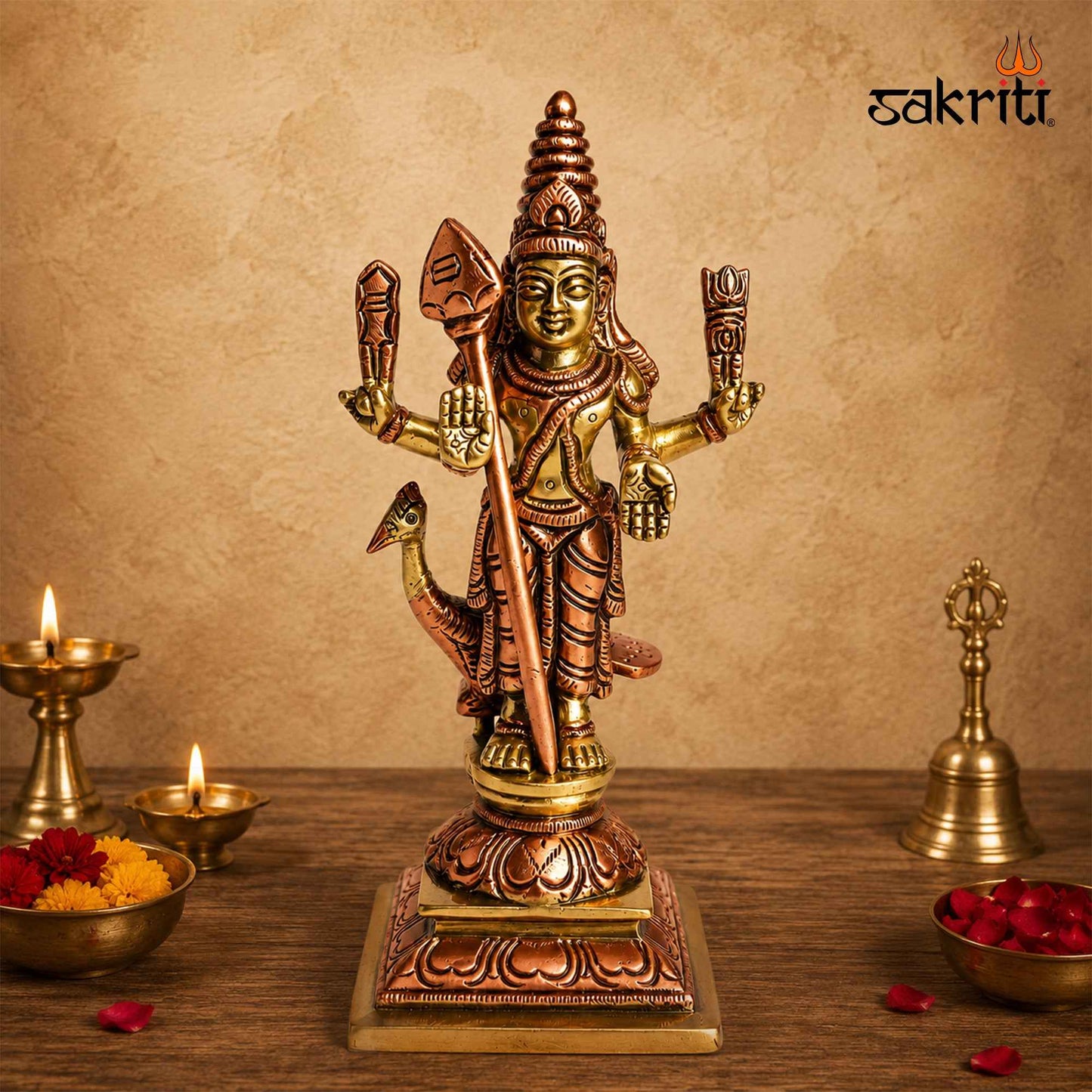 Sacred Needs Brass Murugan Idol – 6.3 Inch (16 cm) Height | Lord Murugan Statue for Pooja Room, Temple, Home Décor & Spiritual Worship