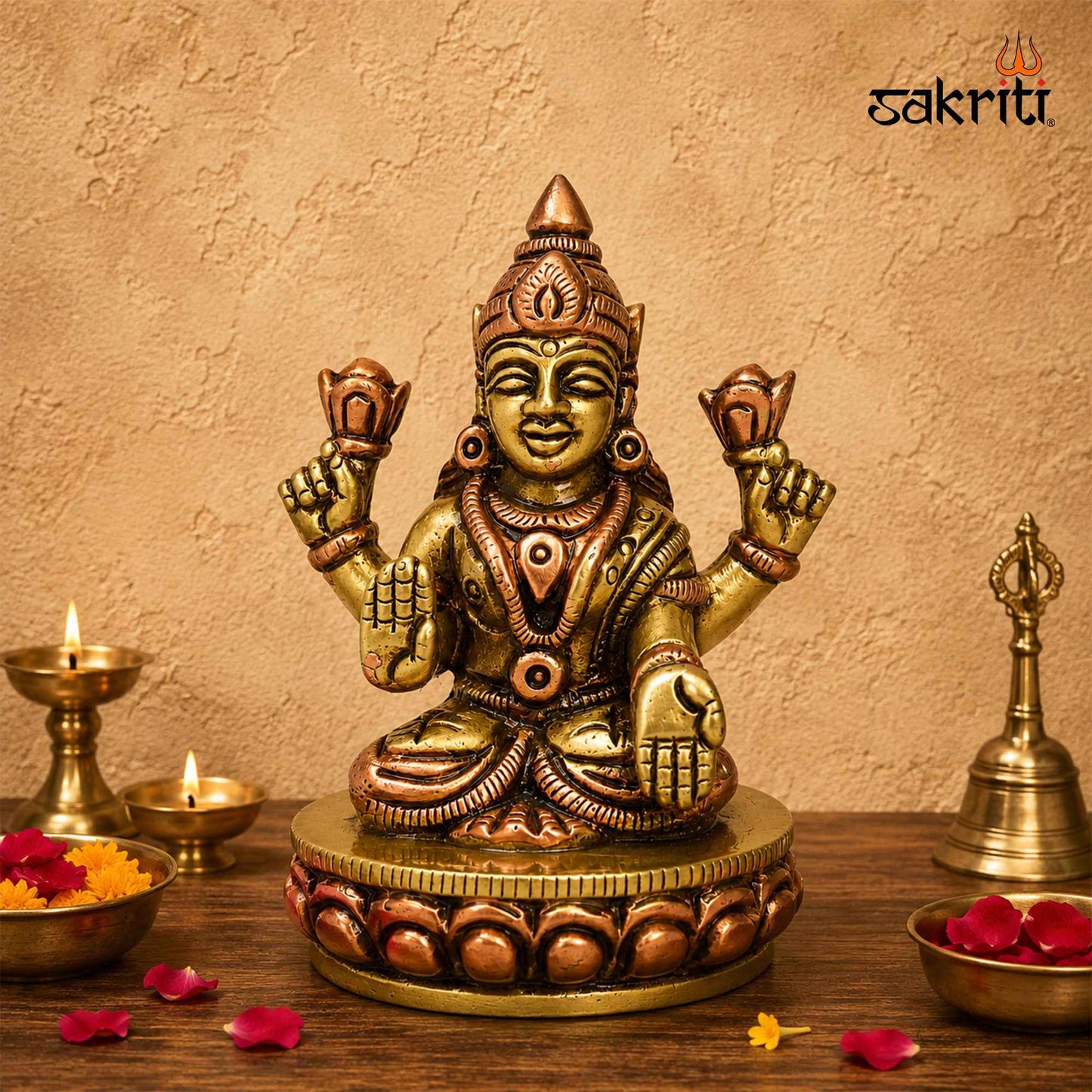 Sacred Needs Brass Lakshmi Idol – 2.7 Inch (6.9 cm) Height | Goddess Lakshmi Statue for Wealth, Prosperity, Pooja Room & Home Temple Décor