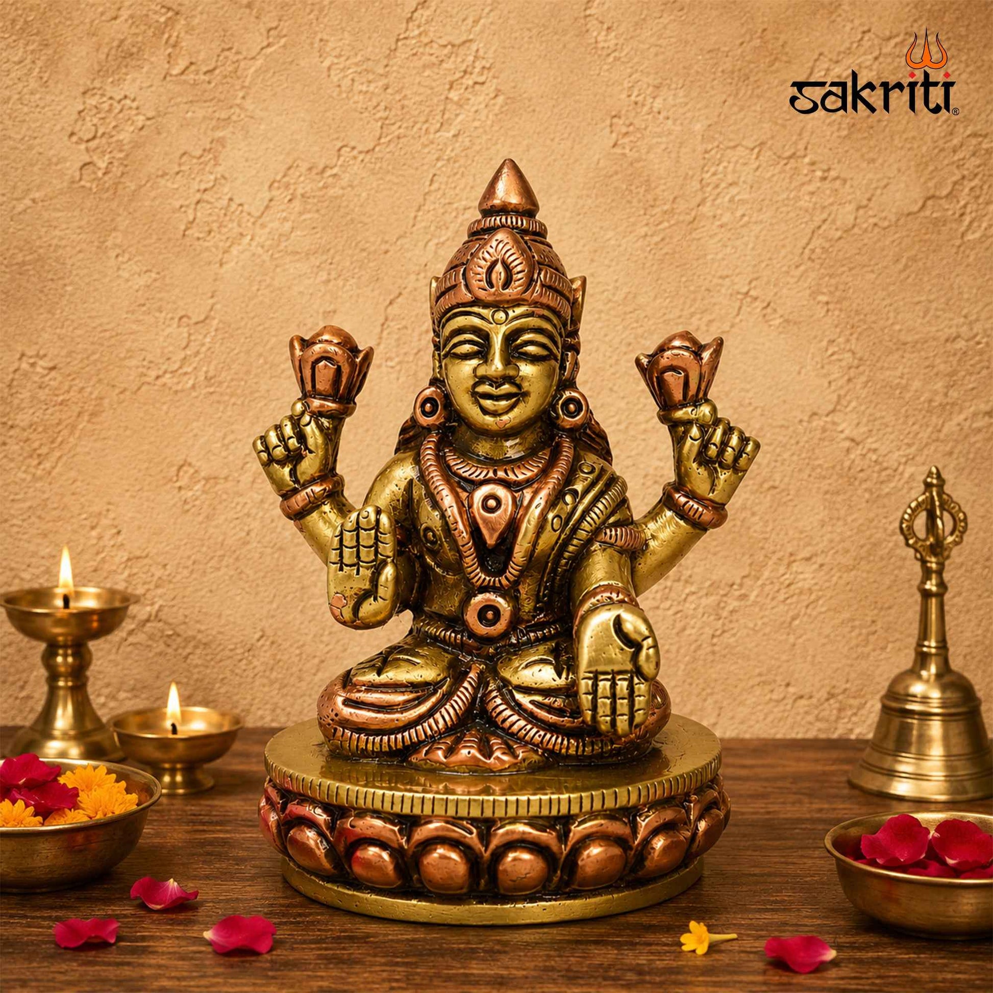 Sacred Needs Brass Lakshmi Idol – 2.7 Inch (6.9 cm) Height | Goddess Lakshmi Statue for Wealth, Prosperity, Pooja Room & Home Temple Décor