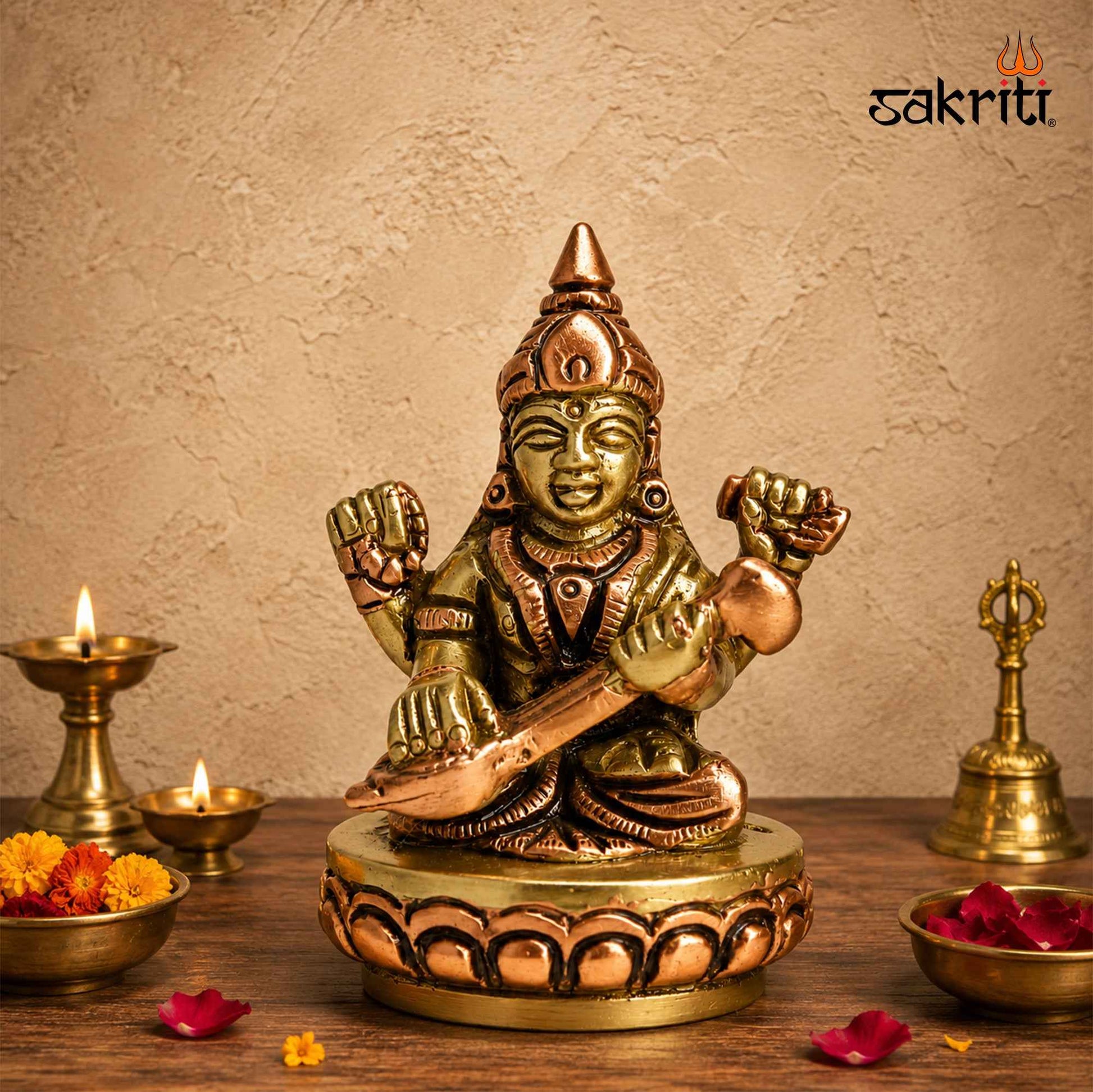 Sacred Needs Brass Saraswathi Idol – 2.7 Inch (6.9 cm) Height | Goddess Saraswati Statue for Education, Knowledge, Pooja Room & Home Temple Décor