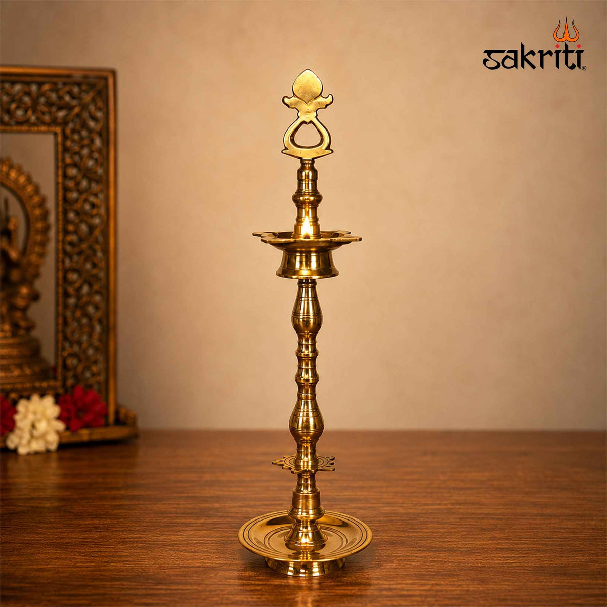 Sacred Needs Brass Tirunelveli Kuthuvilaku – 34.5 Inch (87.6 cm) Height | Traditional South Indian Brass Standing Oil Lamp for Pooja, Temple & Home