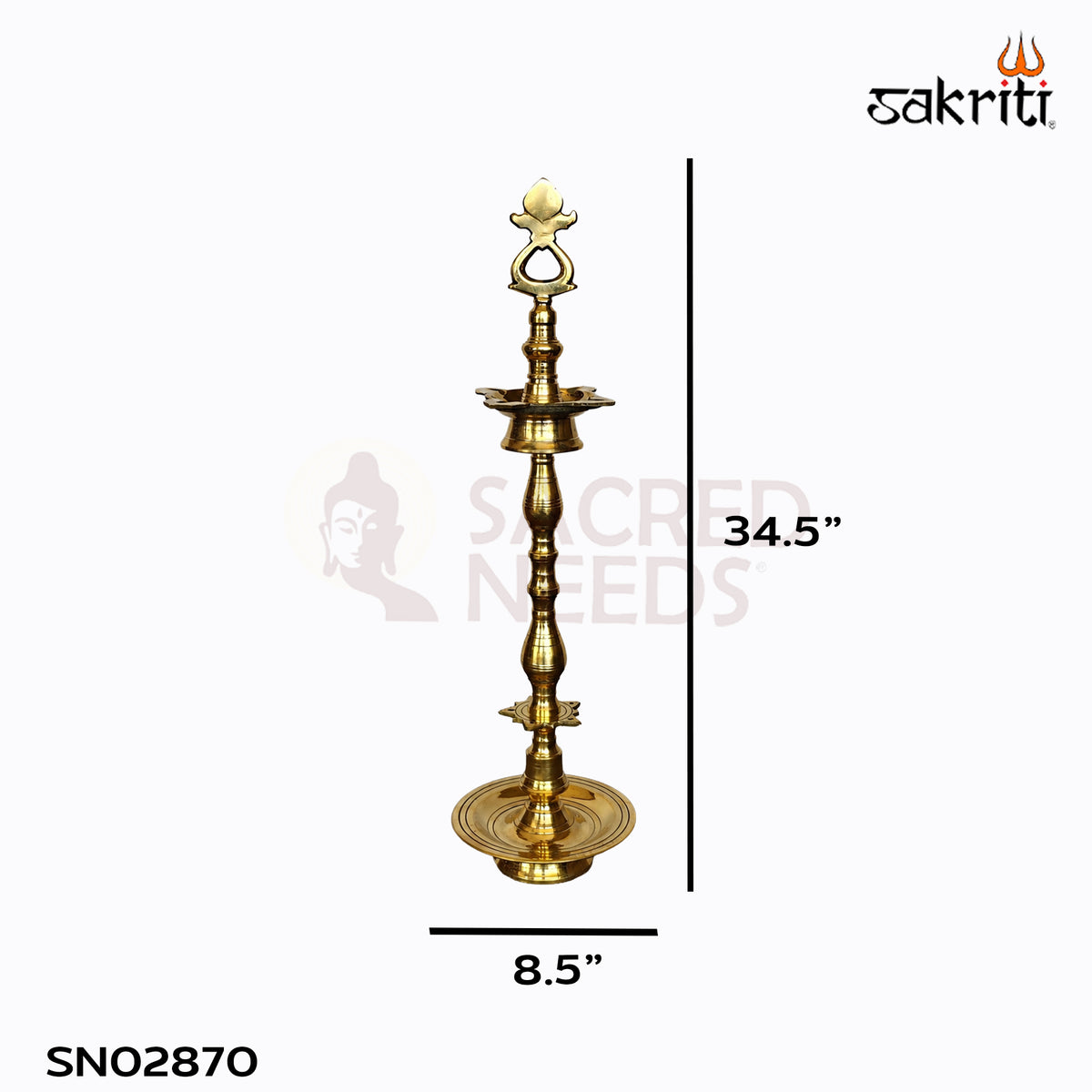 Sacred Needs Brass Tirunelveli Kuthuvilaku – 34.5 Inch (87.6 cm) Height | Traditional South Indian Brass Standing Oil Lamp for Pooja, Temple & Home