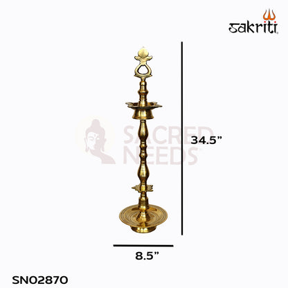 Sacred Needs Brass Tirunelveli Kuthuvilaku – 34.5 Inch (87.6 cm) Height | Traditional South Indian Brass Standing Oil Lamp for Pooja, Temple & Home