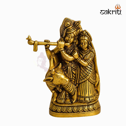 Sacred Needs Brass Radha Krishna with Cow Idol – 6 Inch (15.2 cm) Height | Krishna Radha Statue for Pooja Room, Home Temple & Devotional Décor