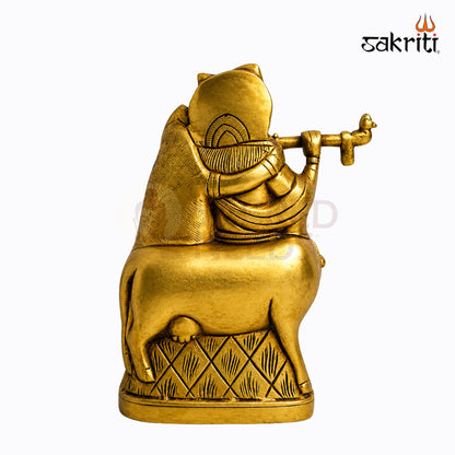 Sacred Needs Brass Radha Krishna with Cow Idol – 6 Inch (15.2 cm) Height | Krishna Radha Statue for Pooja Room, Home Temple & Devotional Décor