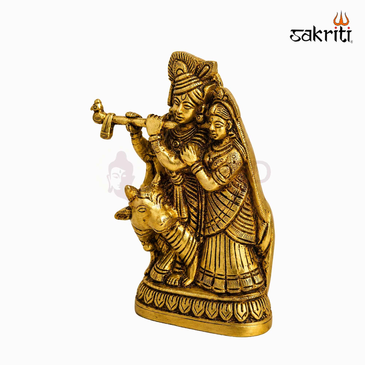 Sacred Needs Brass Radha Krishna with Cow Idol – 6 Inch (15.2 cm) Height | Krishna Radha Statue for Pooja Room, Home Temple & Devotional Décor