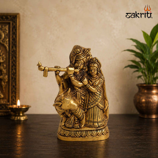 Sacred Needs Brass Radha Krishna with Cow Idol – 6 Inch (15.2 cm) Height | Krishna Radha Statue for Pooja Room, Home Temple & Devotional Décor