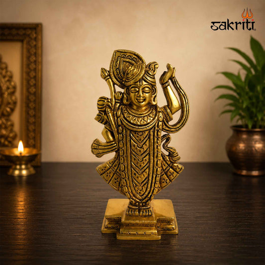 Sacred Needs Brass Shrinathji Idol – 7 Inch (17.8 cm) Height | Lord Krishna Shrinath Ji Statue for Pooja Room, Home Temple & Devotional Décor