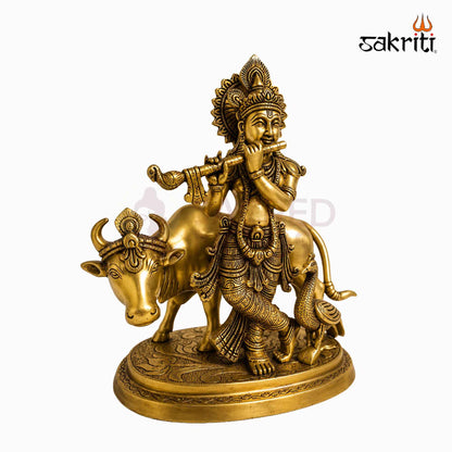 Sacred Needs Brass Cow Krishna with Peacock Idol – 9.5 Inch (24.1 cm) Height | Krishna Cow Statue for Pooja Room, Home Temple & Décor