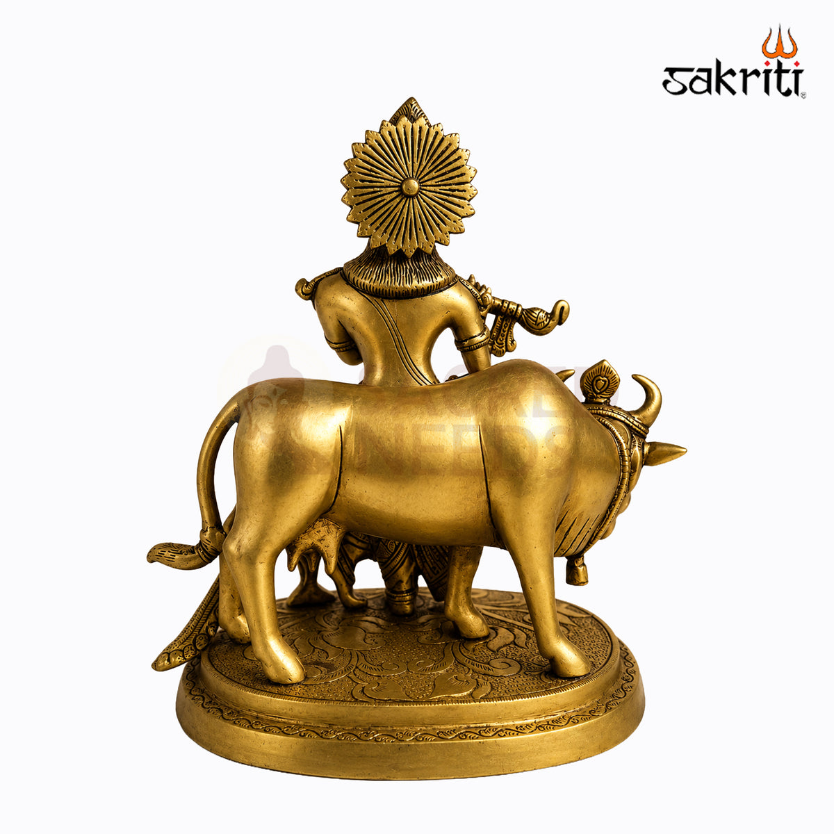 Sacred Needs Brass Cow Krishna with Peacock Idol – 9.5 Inch (24.1 cm) Height | Krishna Cow Statue for Pooja Room, Home Temple & Décor