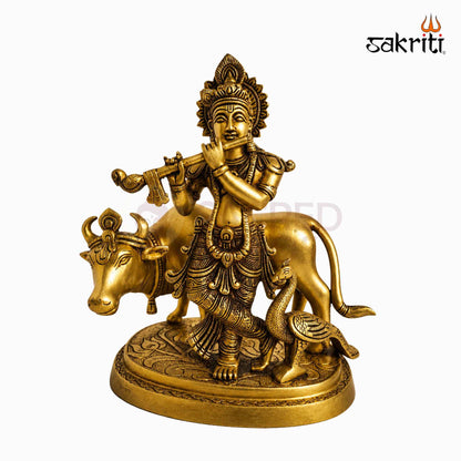 Sacred Needs Brass Cow Krishna with Peacock Idol – 9.5 Inch (24.1 cm) Height | Krishna Cow Statue for Pooja Room, Home Temple & Décor