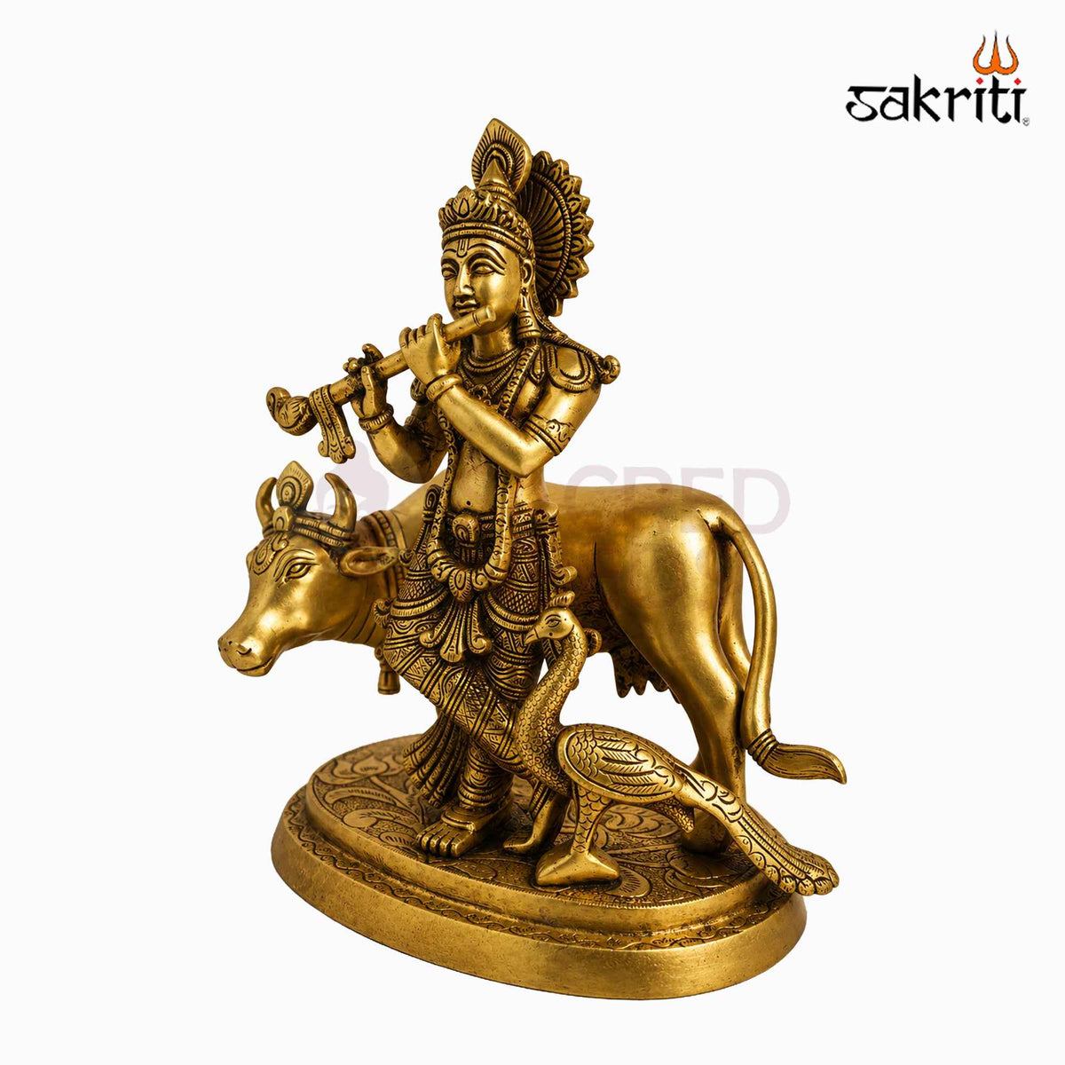 Sacred Needs Brass Cow Krishna with Peacock Idol – 9.5 Inch (24.1 cm) Height | Krishna Cow Statue for Pooja Room, Home Temple & Décor
