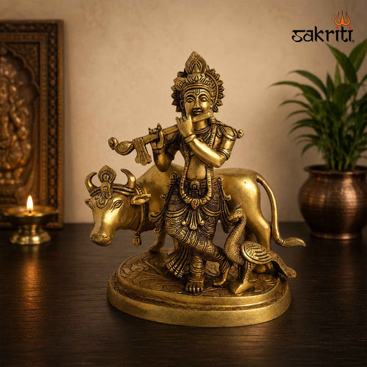 Sacred Needs Brass Cow Krishna with Peacock Idol – 9.5 Inch (24.1 cm) Height | Krishna Cow Statue for Pooja Room, Home Temple & Décor