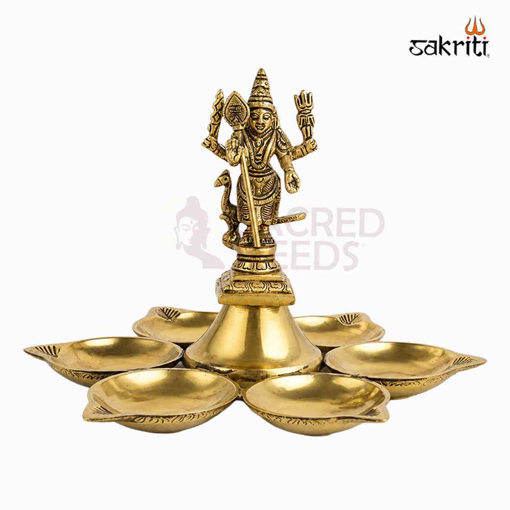 Sacred Needs Brass Arupadai Vilakku – 6 Inch (15.2 cm) Height | Traditional Murugan Brass Oil Lamp for Pooja Room, Temple & Festivals