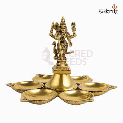 Sacred Needs Brass Arupadai Vilakku – 6 Inch (15.2 cm) Height | Traditional Murugan Brass Oil Lamp for Pooja Room, Temple & Festivals