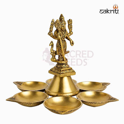 Sacred Needs Brass Arupadai Vilakku – 6 Inch (15.2 cm) Height | Traditional Murugan Brass Oil Lamp for Pooja Room, Temple & Festivals
