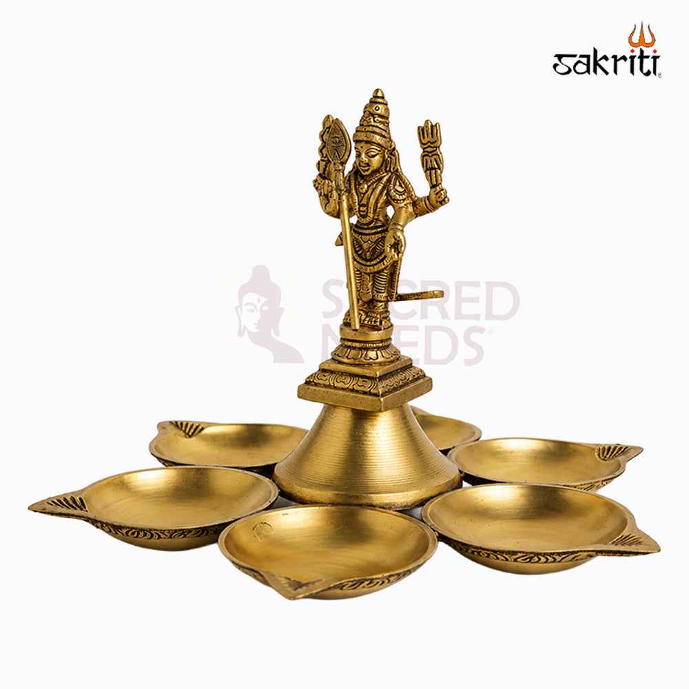 Sacred Needs Brass Arupadai Vilakku – 6 Inch (15.2 cm) Height | Traditional Murugan Brass Oil Lamp for Pooja Room, Temple & Festivals