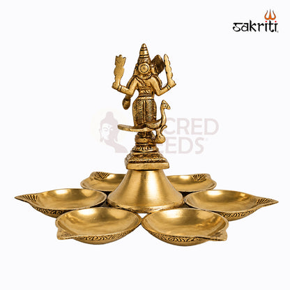 Sacred Needs Brass Arupadai Vilakku – 6 Inch (15.2 cm) Height | Traditional Murugan Brass Oil Lamp for Pooja Room, Temple & Festivals
