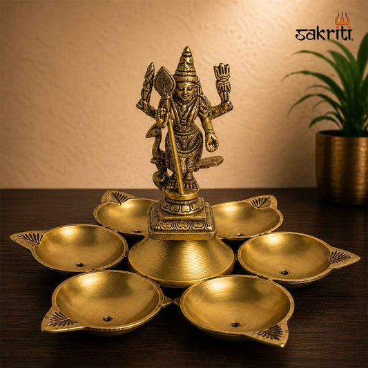 Sacred Needs Brass Arupadai Vilakku – 6 Inch (15.2 cm) Height | Traditional Murugan Brass Oil Lamp for Pooja Room, Temple & Festivals