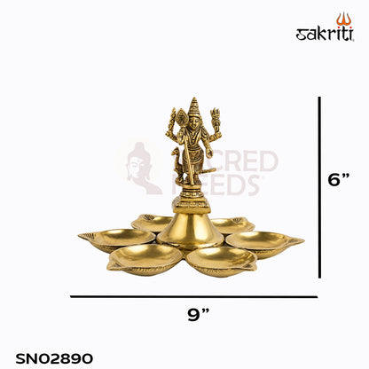 Sacred Needs Brass Arupadai Vilakku – 6 Inch (15.2 cm) Height | Traditional Murugan Brass Oil Lamp for Pooja Room, Temple & Festivals
