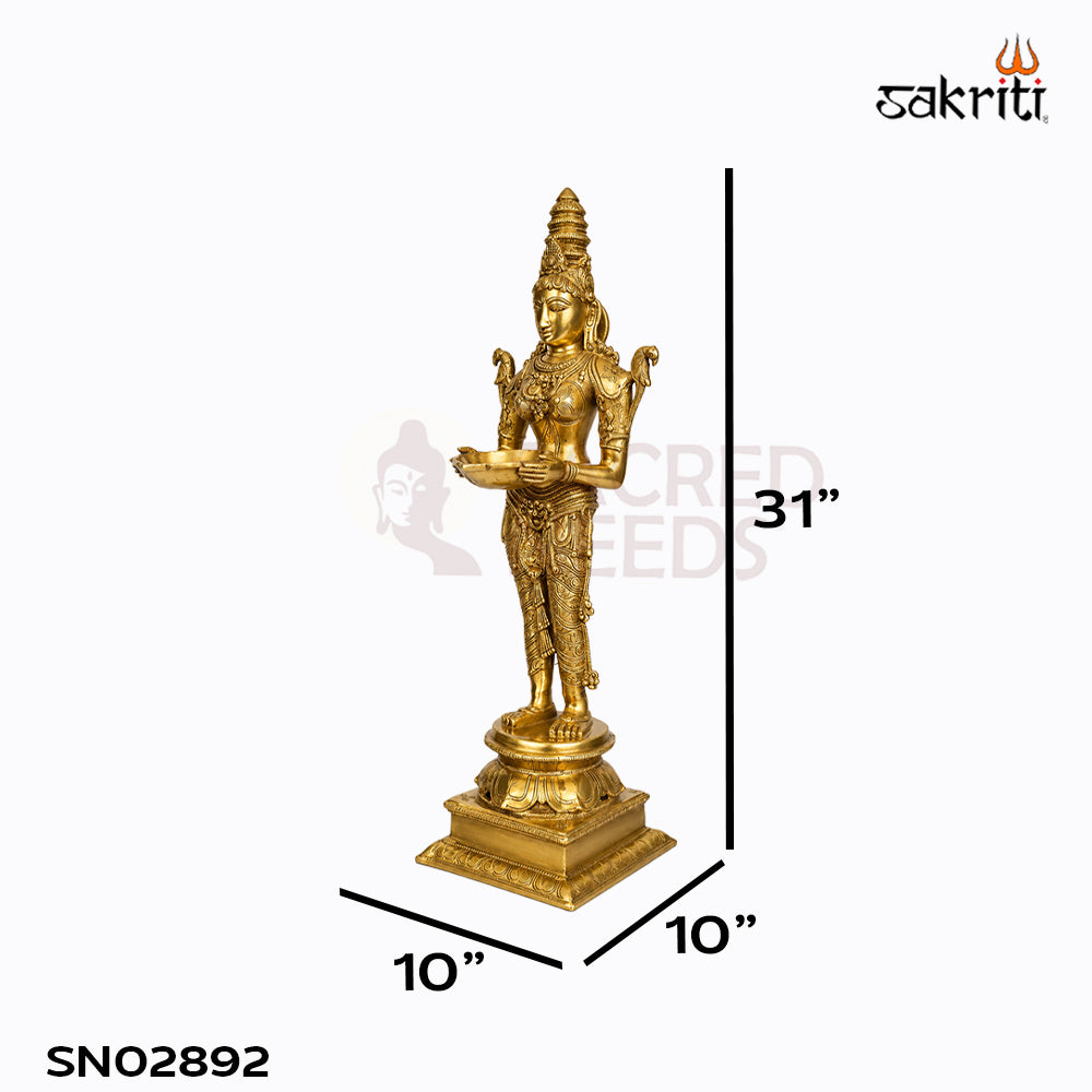 Sacred Needs Brass Pavai Vilakku – 31 Inch (78.7 cm) Height | Traditional Brass Diya Lamp for Pooja Room, Temple & Festive Décor