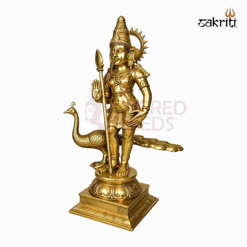 Sacred Needs Brass Bala Murugan with Peacock Idol – 28 Inch (71.1 cm) Height | Lord Murugan Statue for Pooja Room, Temple & Home Décor