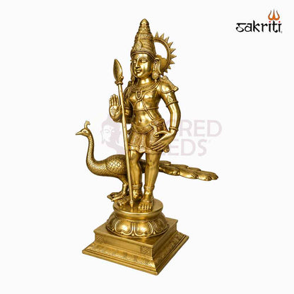 Sacred Needs Brass Bala Murugan with Peacock Idol – 28 Inch (71.1 cm) Height | Lord Murugan Statue for Pooja Room, Temple & Home Décor