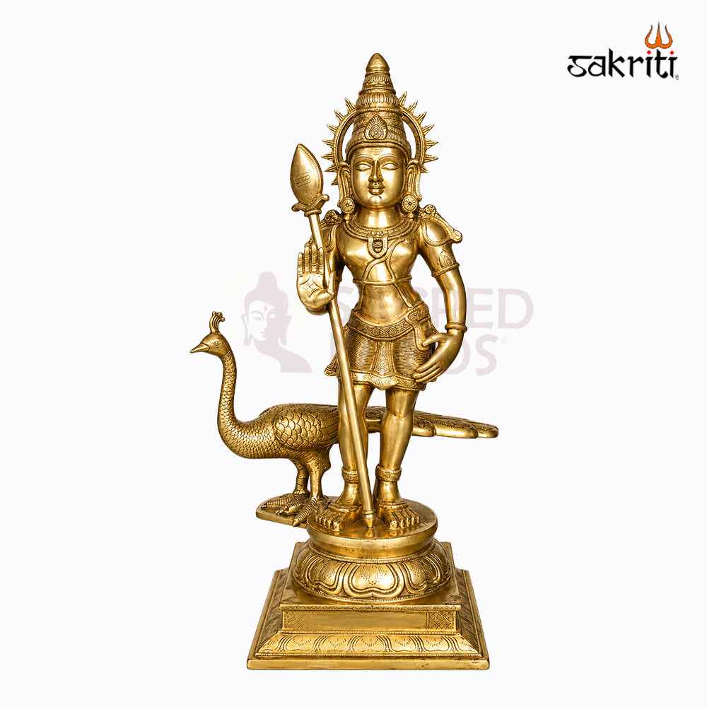 Sacred Needs Brass Bala Murugan with Peacock Idol – 28 Inch (71.1 cm) Height | Lord Murugan Statue for Pooja Room, Temple & Home Décor