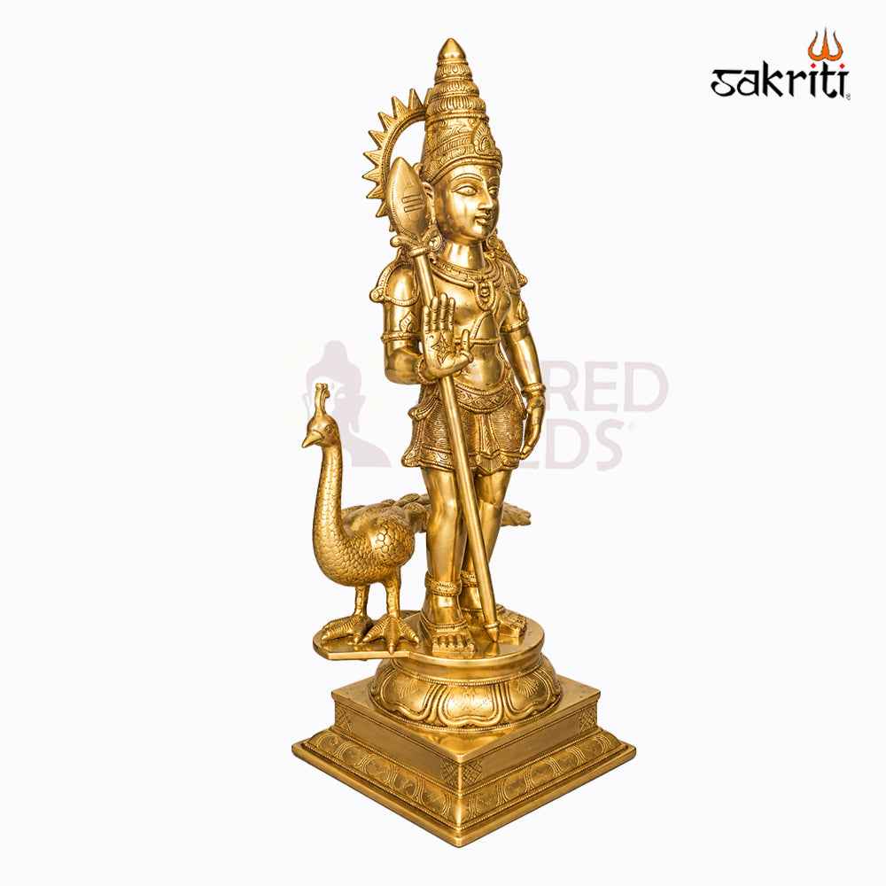 Sacred Needs Brass Bala Murugan with Peacock Idol – 28 Inch (71.1 cm) Height | Lord Murugan Statue for Pooja Room, Temple & Home Décor