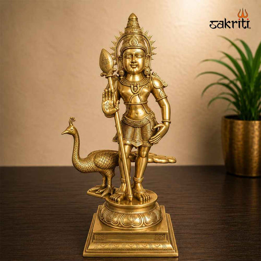 Sacred Needs Brass Bala Murugan with Peacock Idol – 28 Inch (71.1 cm) Height | Lord Murugan Statue for Pooja Room, Temple & Home Décor