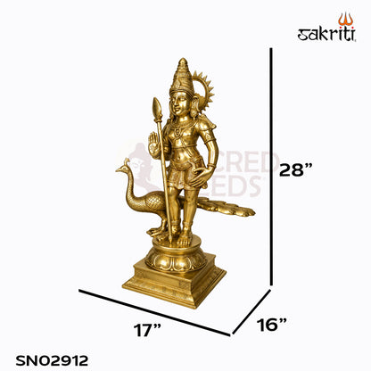 Sacred Needs Brass Bala Murugan with Peacock Idol – 28 Inch (71.1 cm) Height | Lord Murugan Statue for Pooja Room, Temple & Home Décor