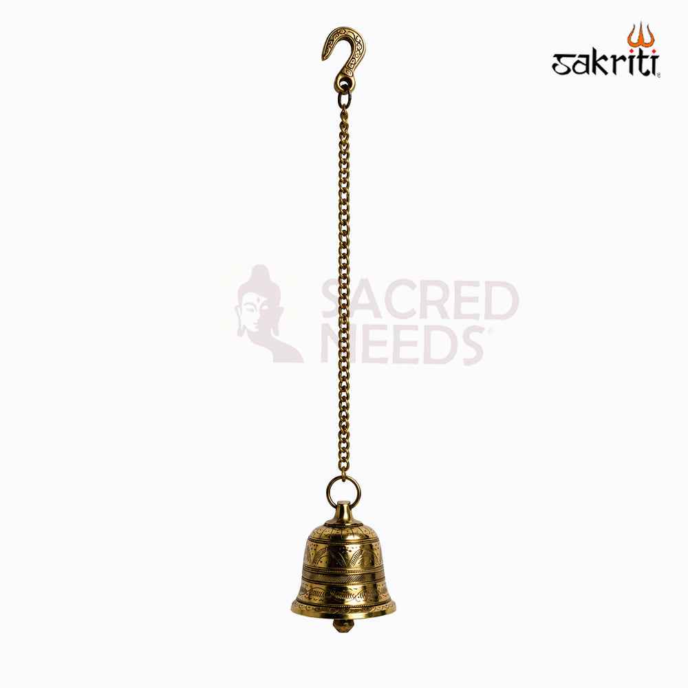 Sacred Needs Brass Bell with Chain – 25 Inch (63.5 cm) Height | Traditional Hanging Temple Bell for Pooja Room, Home Temple & Entrance Décor