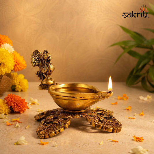 Brass One Mukha Peacock Deepam with Stand – 3.7 Inch (9.4 cm) Height | Traditional Peacock Oil Lamp for Pooja & Home Décor