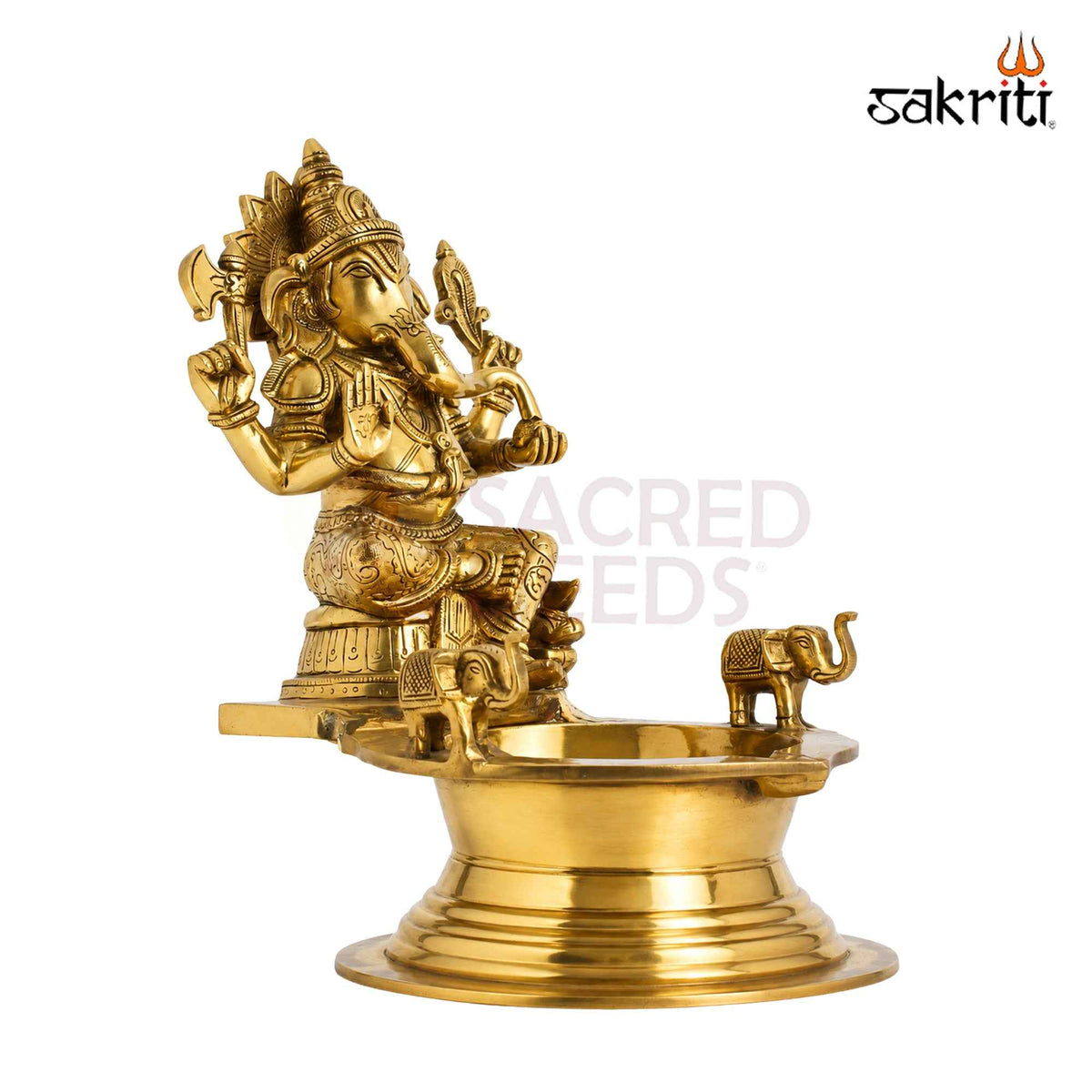Brass Ganesha Vilakku with Elephant – 12 Inch (30.5 cm) Height | Traditional Brass Oil Lamp for Pooja Room, Temple & Home Décor
