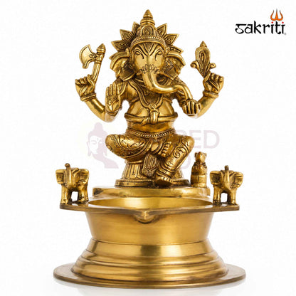 Brass Ganesha Vilakku with Elephant – 12 Inch (30.5 cm) Height | Traditional Brass Oil Lamp for Pooja Room, Temple & Home Décor