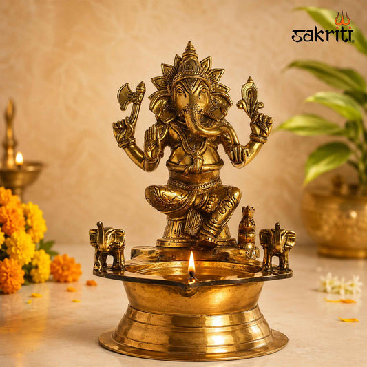 Brass Ganesha Vilakku with Elephant – 12 Inch (30.5 cm) Height | Traditional Brass Oil Lamp for Pooja Room, Temple & Home Décor