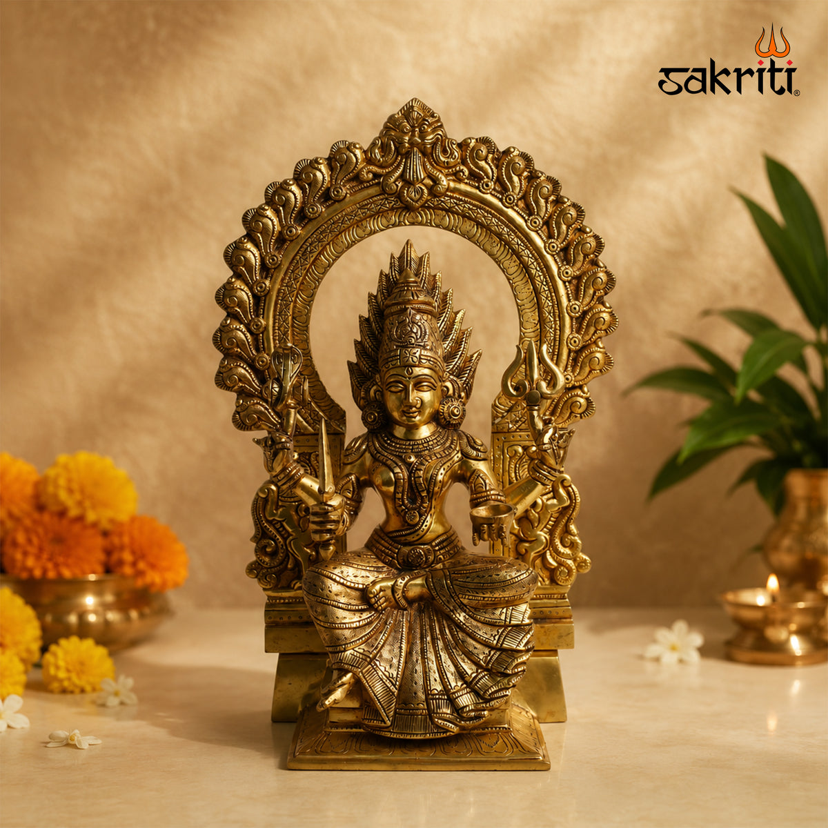 Brass Frame Mari Amman Idol – 16.5 Inch (41.9 cm) Height | Goddess Amman Framed Statue for Pooja Room, Home Temple & Traditional Décor
