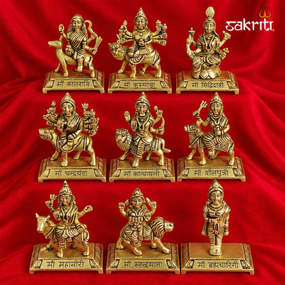 Sacred Needs Brass Nav Durga Idol Set – 5 Inch (12.7 cm) Height | Nine Goddess Durga Statues for Pooja Room, Temple & Navratri Worship
