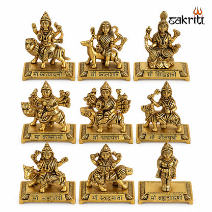 Sacred Needs Brass Nav Durga Idol Set – 5 Inch (12.7 cm) Height | Nine Goddess Durga Statues for Pooja Room, Temple & Navratri Worship
