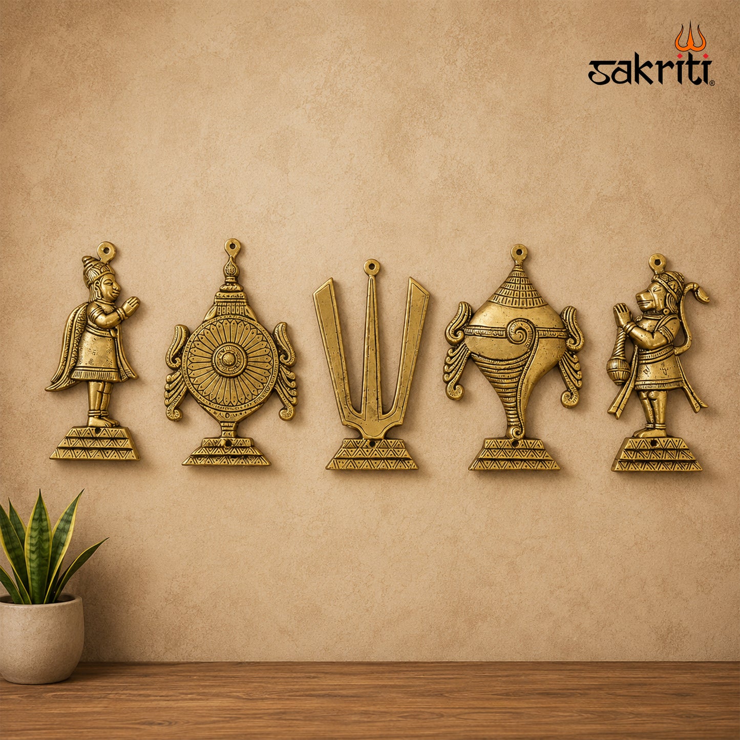 Sacred Needs Brass Namam Sangu Sakram Wall Mount with Garudan & Hanuman – 9 Inch (22.9 cm) Height | Decorative Brass Wall Plate for Temple & Pooja Room
