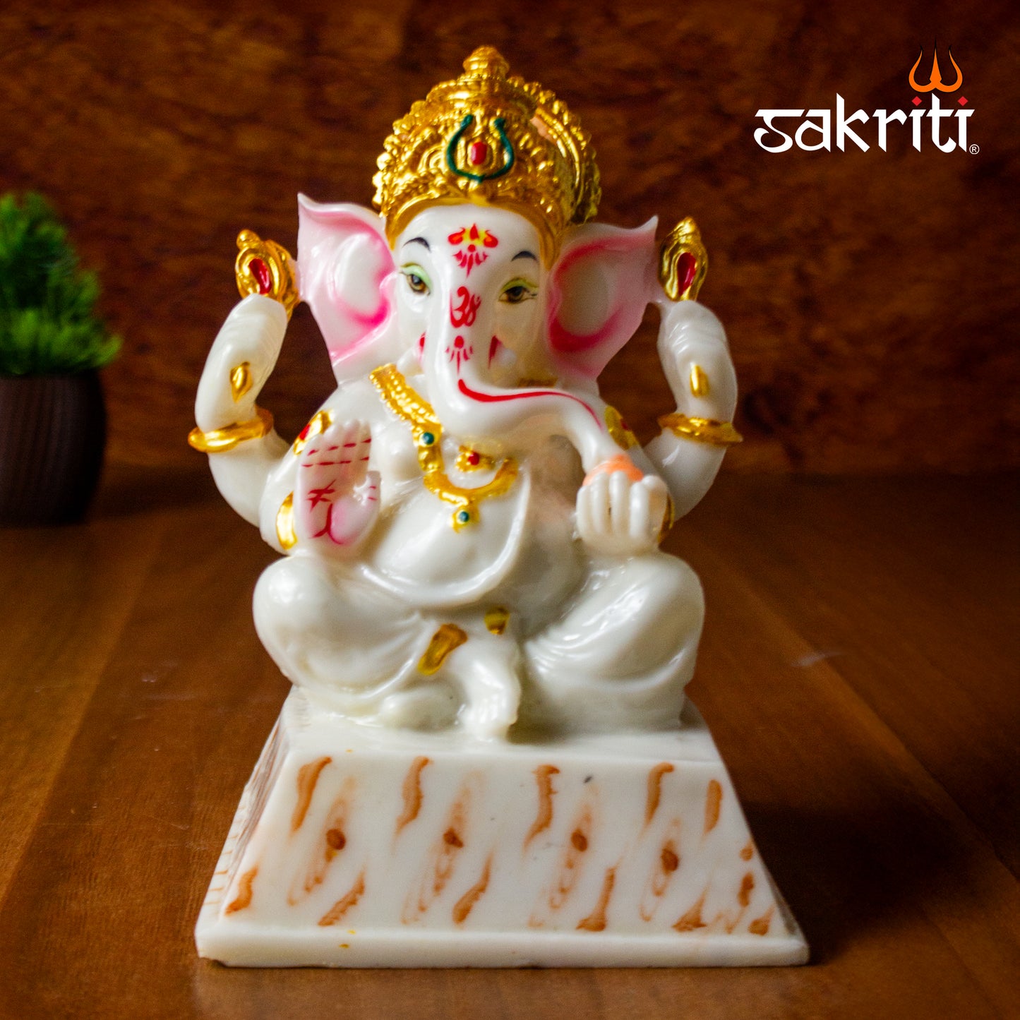 Marble Dust Chowki Ganesha – 6.8 Inch Height | Small Ganesh on Chowki Figurine for Temple & Home Decor