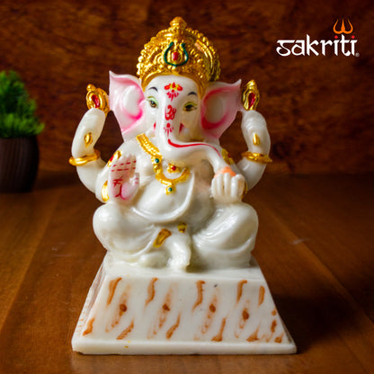 Marble Dust Chowki Ganesha – 6.8 Inch Height | Small Ganesh on Chowki Figurine for Temple & Home Decor
