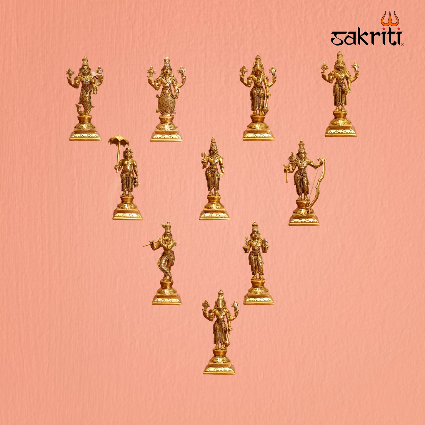 Brass Dasavatharam Idol Set – 10.5 Inch Ten Vishnu Avatars for Pooja Room, Temple and Home Décor (10 Pieces)